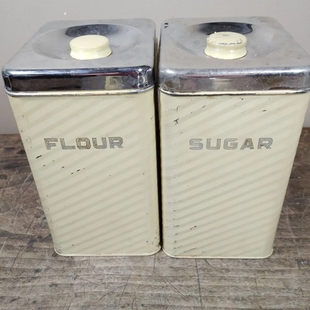 Vintage Lincoln Beautyware Metal Pale Yellow & Chrome Canisters Set 4 Kitchen